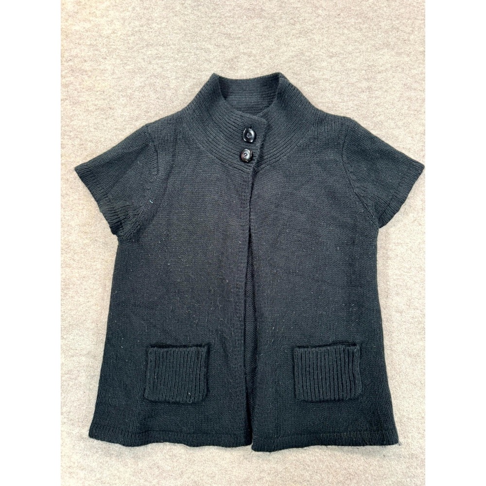 Vintage B Moss Cardigan Sweater Womens Medium Black Pockets High Neck Cap Sleeve